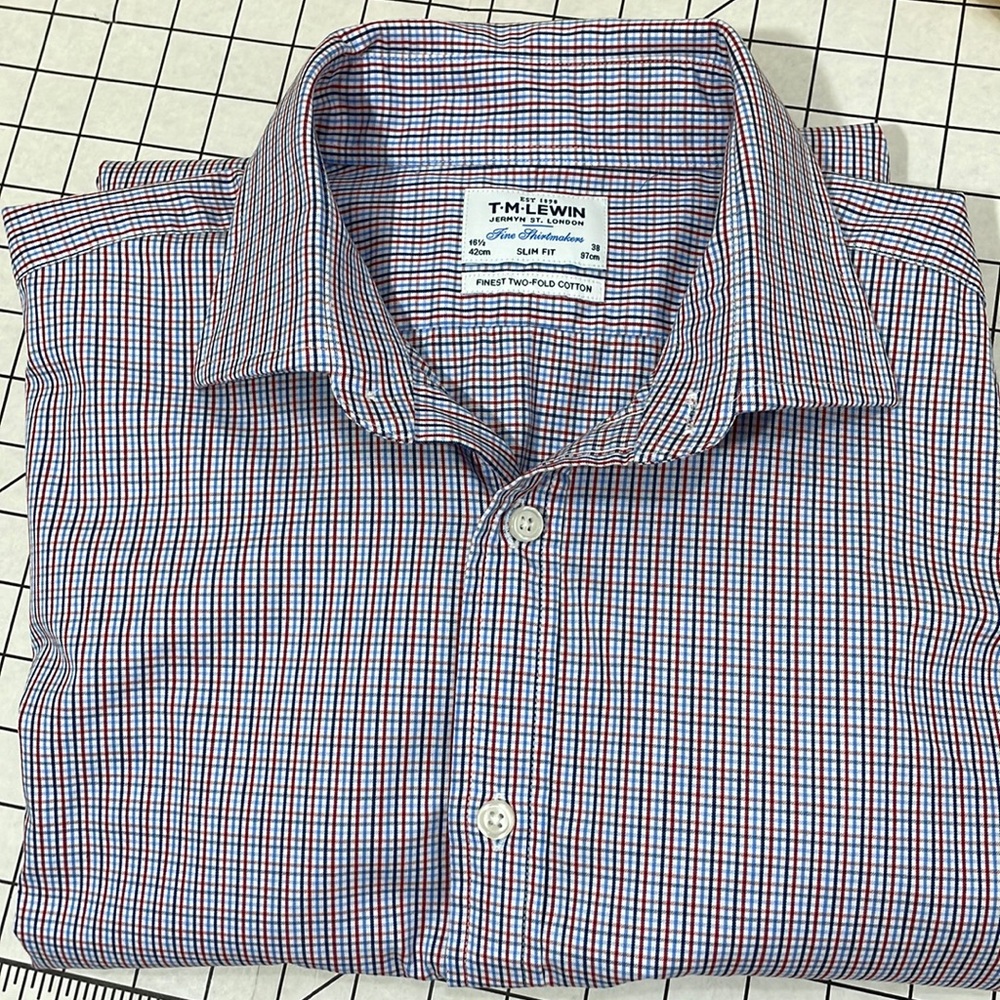 TM Lewin red, white, blue small check dress shirt, slim fit, cuff sleeves